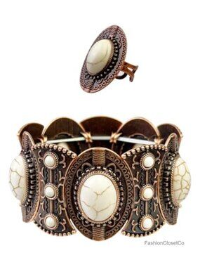 Western Turquoise Boho Bracelet & Ring Jewelry Set Stretch